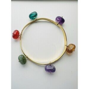 Vintage Gold Tone Faux Stone Pebble Bangle Bracelet 8”